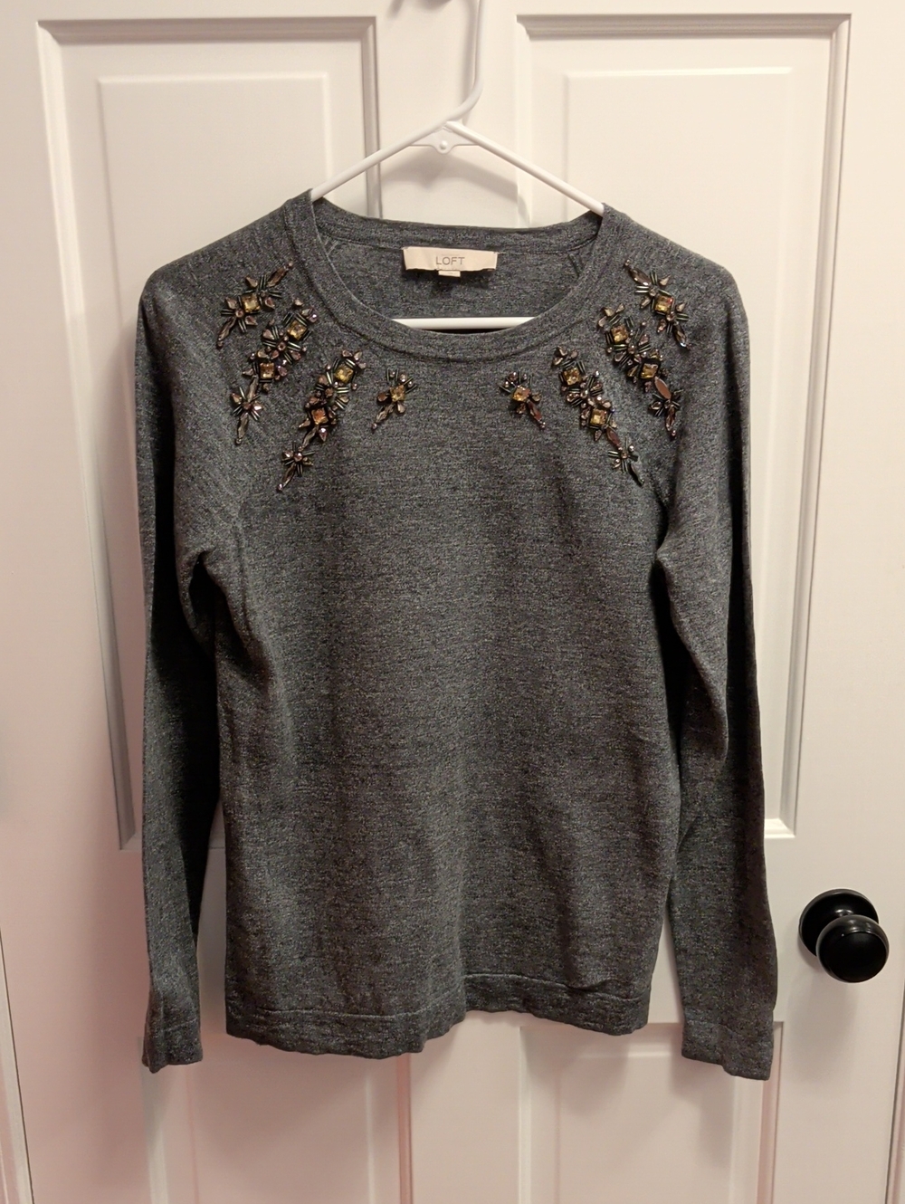 LOFT Gray Jeweled Crewneck Top with Metallic Floral Accents